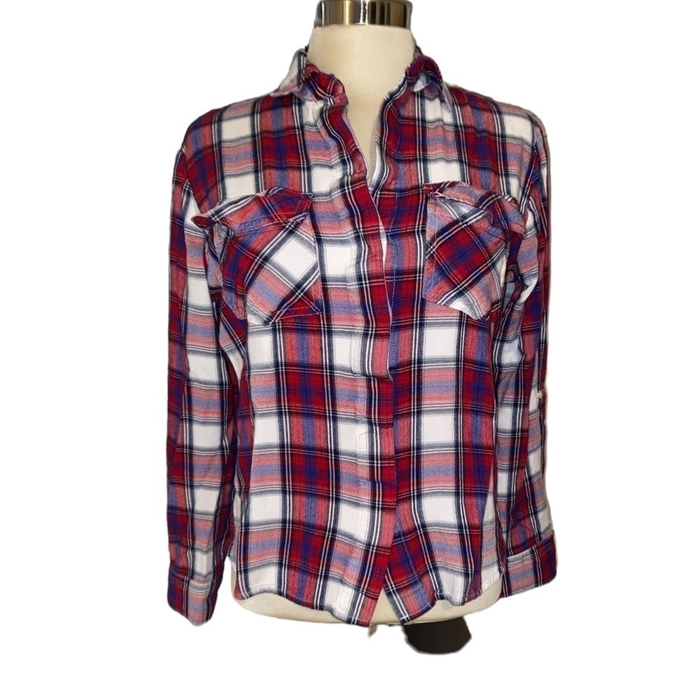 Sam Edelman button down shirt plaid print front chest pockets long sleeve Sz Sm